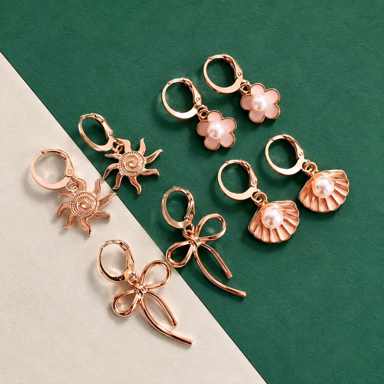 4 Pairs Gold Plated Pearl Stud Earrings Set for Women | Adjustable Brass Hoop Earrings | Floral, Bow, Shell & Sun Charm Earrings | Western Casual Jewelry