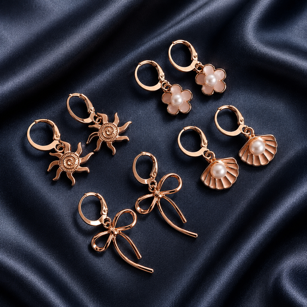 4 Pairs Gold Plated Pearl Stud Earrings Set for Women | Adjustable Brass Hoop Earrings | Floral, Bow, Shell & Sun Charm Earrings | Western Casual Jewelry