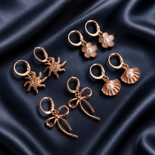4 Pairs Gold Plated Pearl Stud Earrings Set for Women | Adjustable Brass Hoop Earrings | Floral, Bow, Shell & Sun Charm Earrings | Western Casual Jewelry