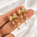 Gold Plated Minimal Bow Drop Earrings for Women | Elegant Lightweight Alloy Earrings | Trendy Casual & Ethnic Jewelry