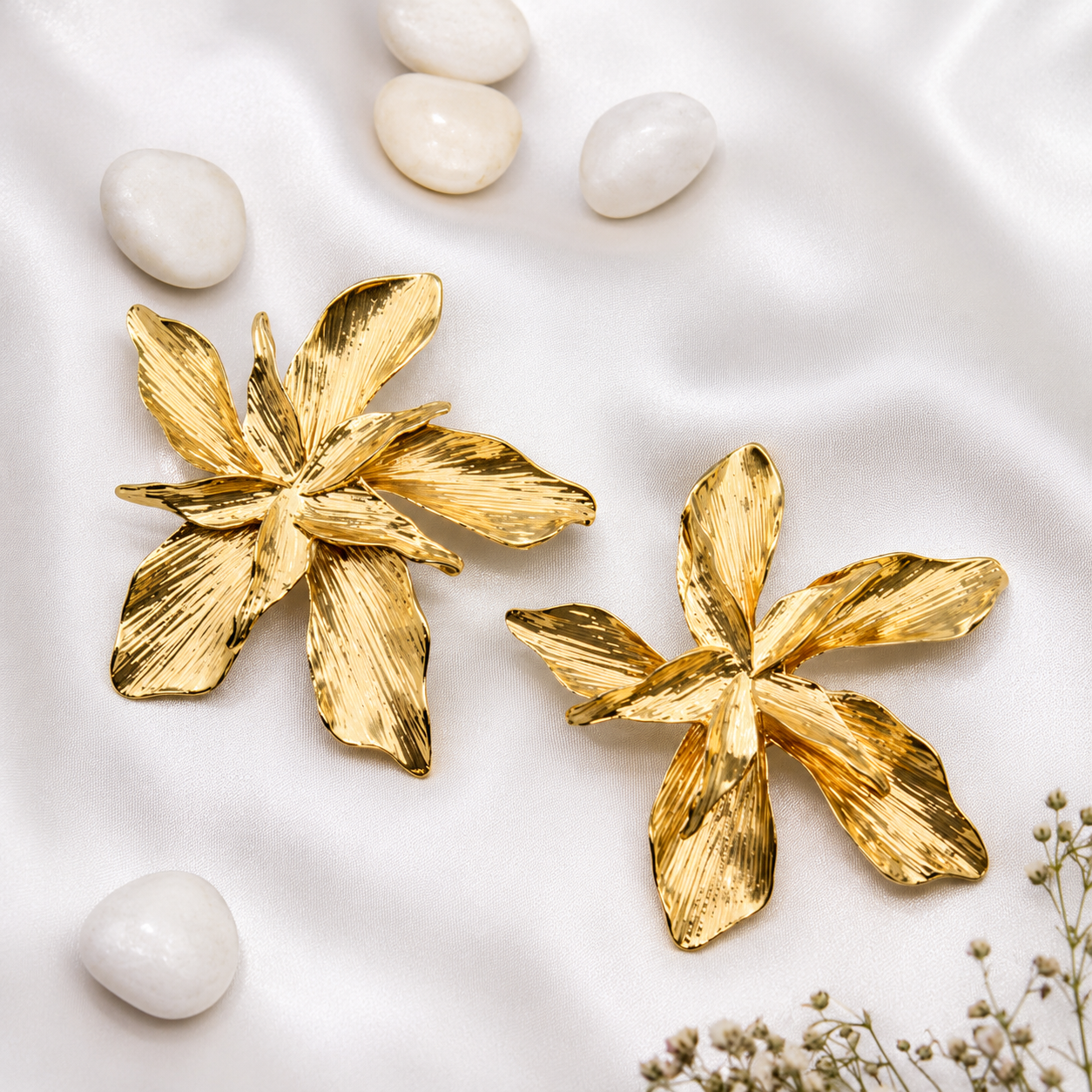 Gold Plated Oversized Floral Stud Earrings for Women | Minimalist Statement Party Earrings | Anti-Tarnish Fashion Jewelry