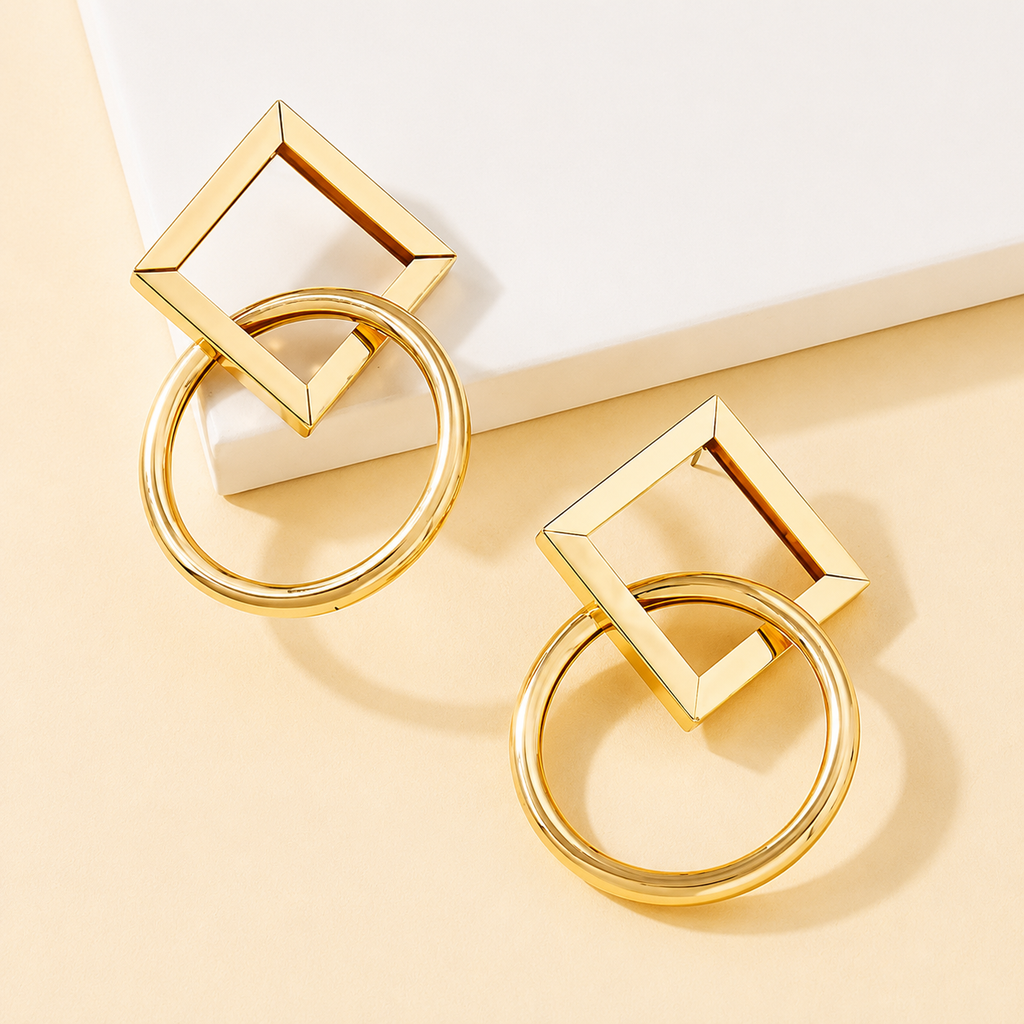 Gold Plated Geometric Chandelier Earrings for Women | Minimal Alloy Statement Earrings | Lightweight Western Casual Fashion Jewelry