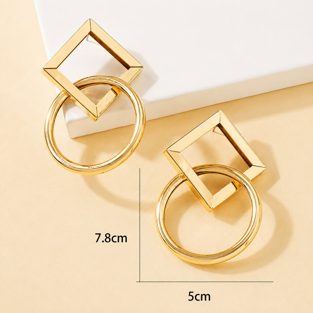 Gold Plated Geometric Chandelier Earrings for Women | Minimal Alloy Statement Earrings | Lightweight Western Casual Fashion Jewelry