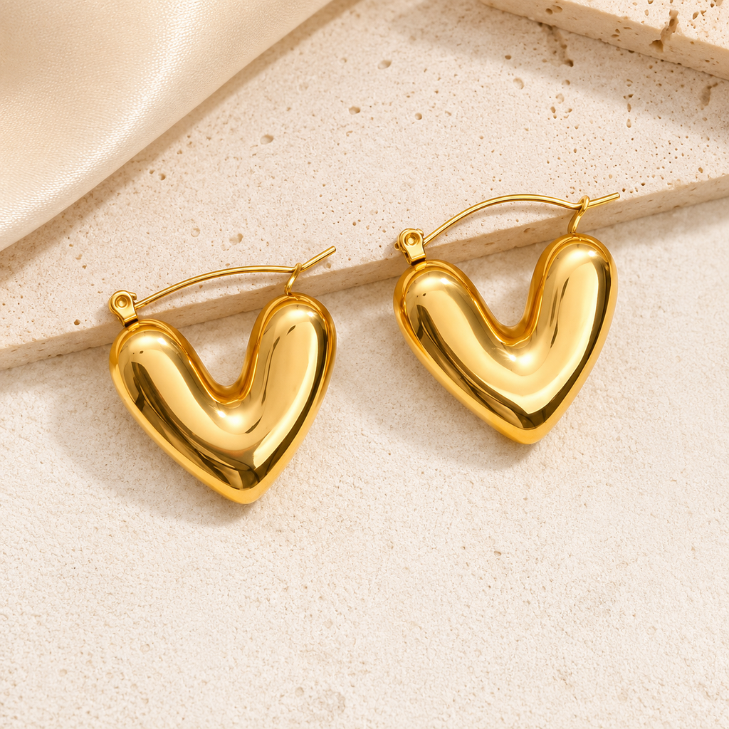 Puffy Heart Hoop Earrings for Women | Anti-Tarnish Stainless Steel | Lightweight & Waterproof