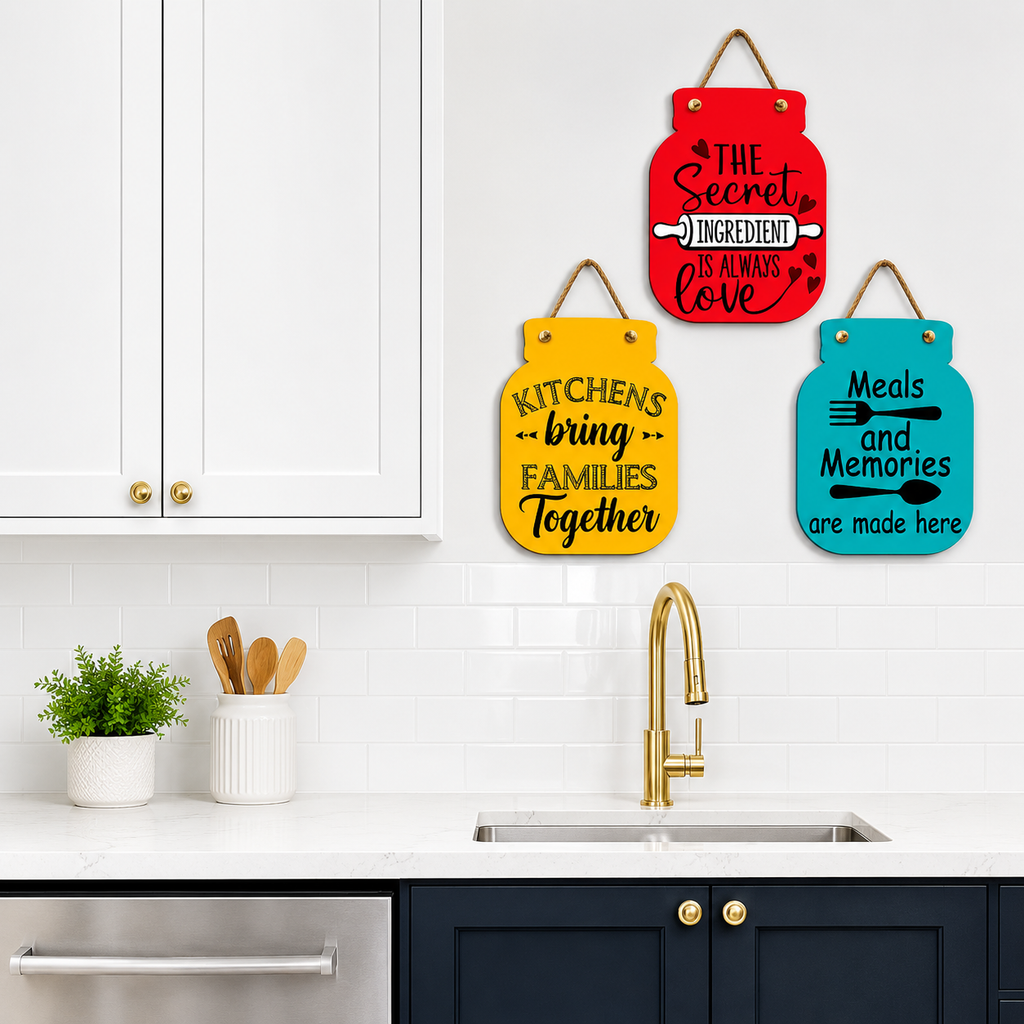 3-Piece Inspirational Kitchen Wall Hanging Decor Set | Colorful MDF Wooden Kitchen Quotes Plaques