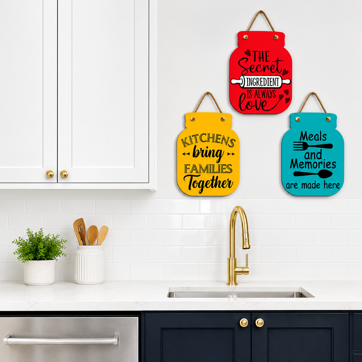 3-Piece Inspirational Kitchen Wall Hanging Decor Set | Colorful MDF Wooden Kitchen Quotes Plaques