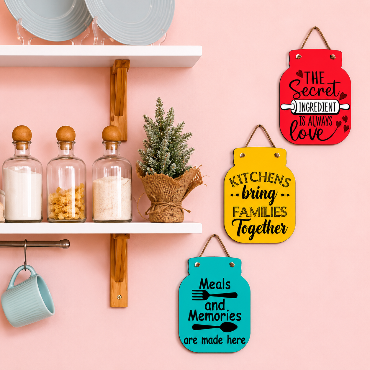 3-Piece Inspirational Kitchen Wall Hanging Decor Set | Colorful MDF Wooden Kitchen Quotes Plaques
