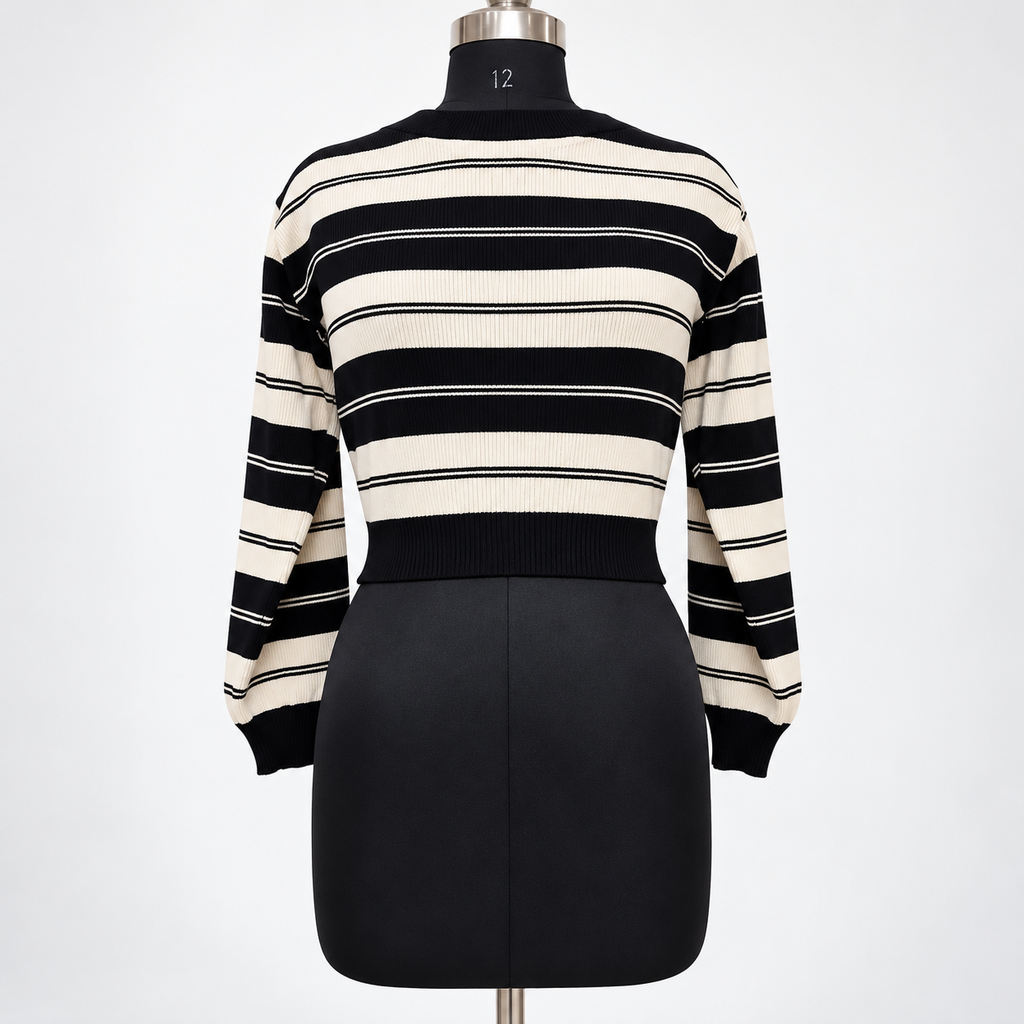 Women’s Black & Cream Striped Ribbed Knit Crop Sweater | Full Sleeve Casual Top