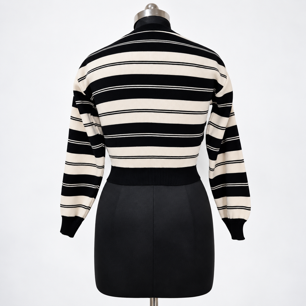 Women’s Black & Cream Striped Ribbed Knit Crop Sweater | Full Sleeve Casual Top