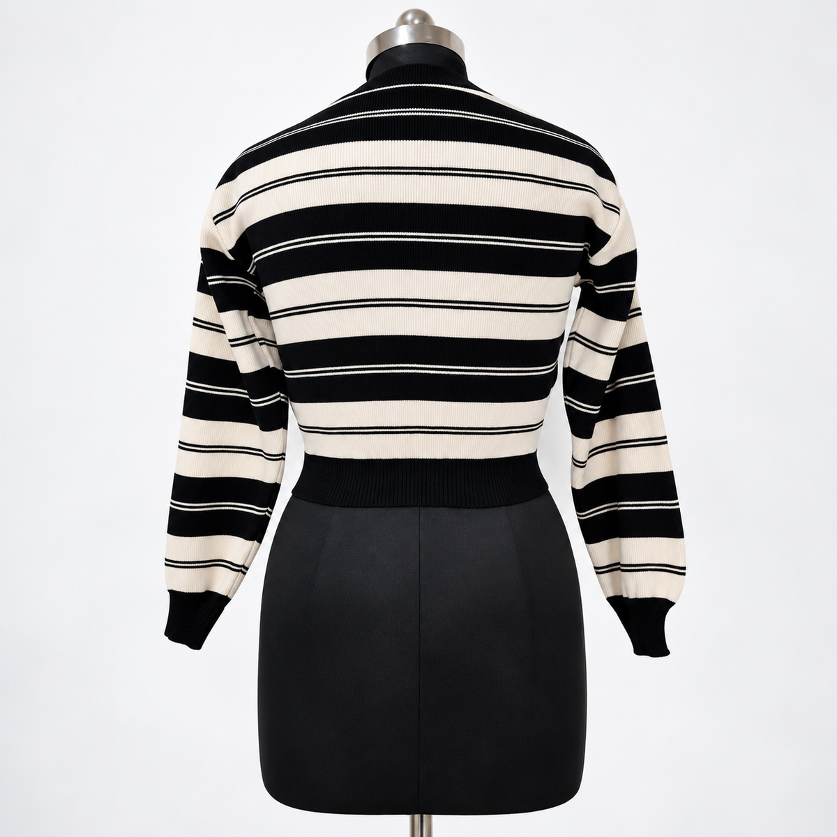 Women’s Black & Cream Striped Ribbed Knit Crop Sweater | Full Sleeve Casual Top