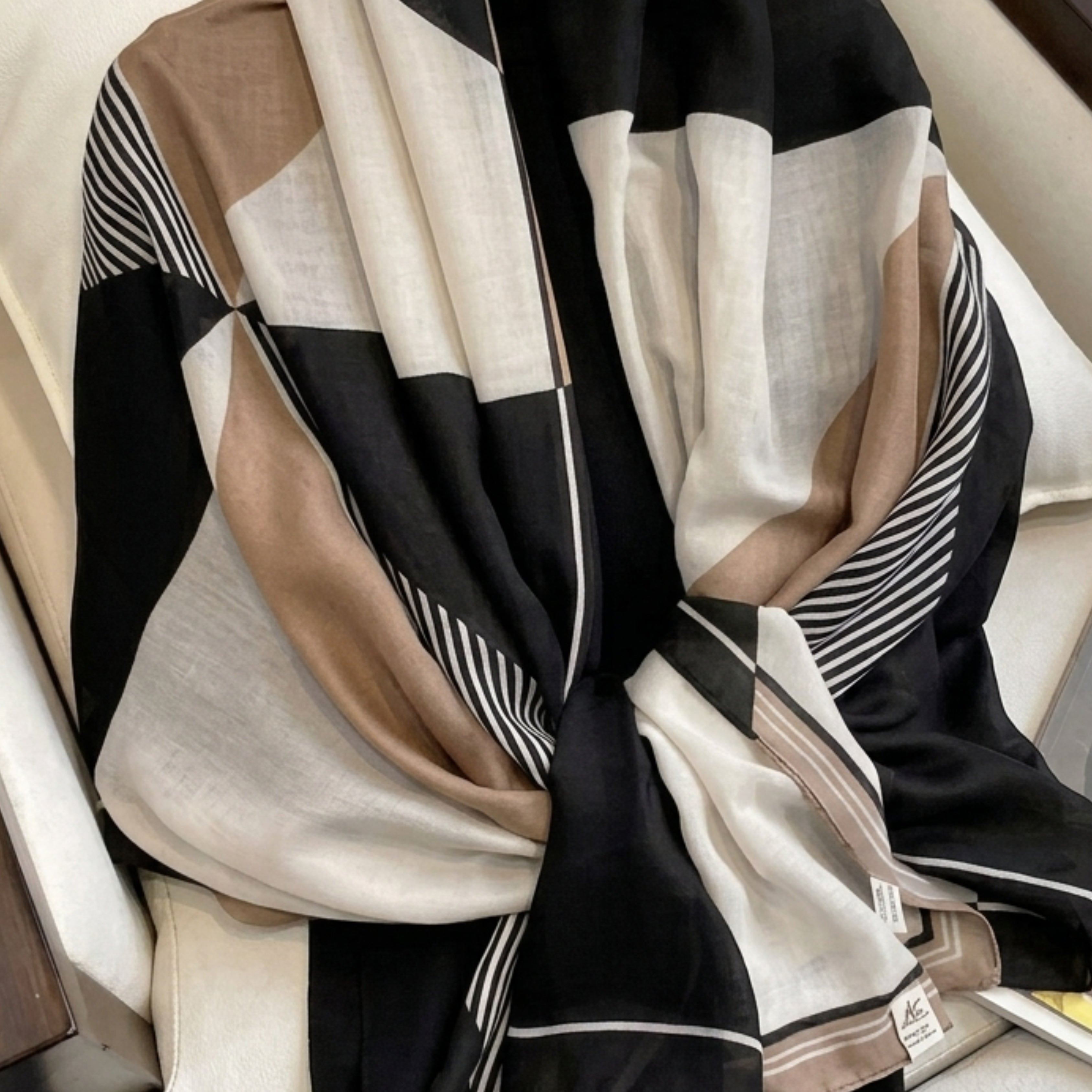 Elegant Black, Beige & Ivory Geometric Women's Scarf | Soft Lightweight Korean Style Shawl & Wrap